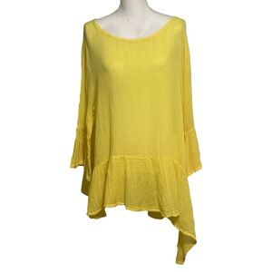 Bryn Walker Yellow Franci Asymmetrical Gauzy Ruffle Longsleeve Blouse